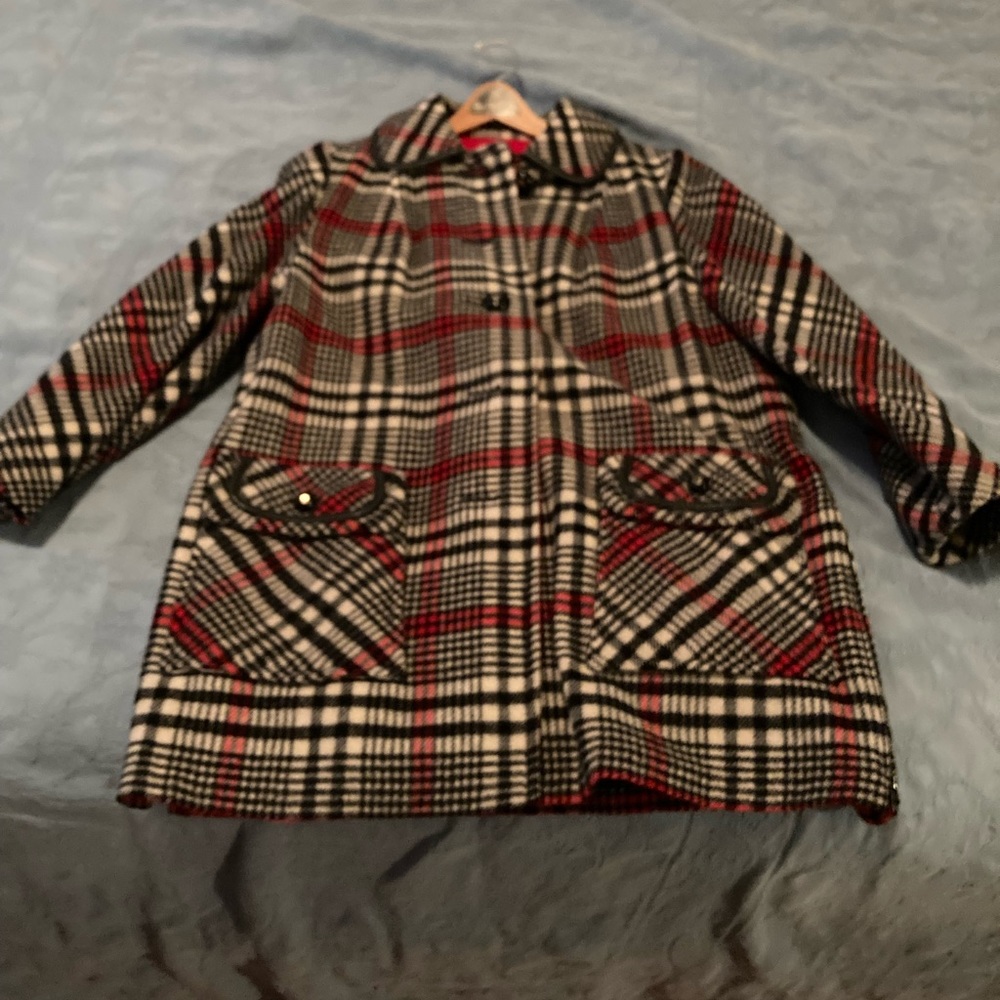 Pea coat Black, White, and red checkered coat